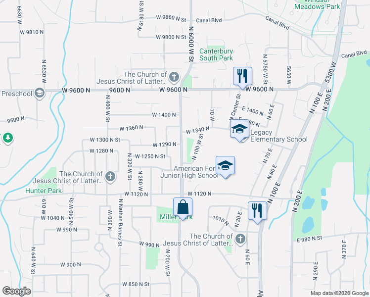 map of restaurants, bars, coffee shops, grocery stores, and more near 1276 North 150 West Street in American Fork