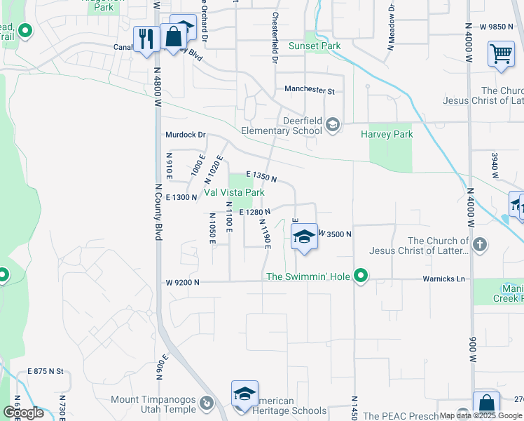 map of restaurants, bars, coffee shops, grocery stores, and more near 1280 North 1190 East in American Fork