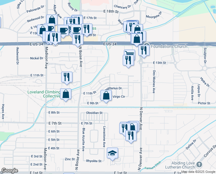 map of restaurants, bars, coffee shops, grocery stores, and more near 1906 Virgo Circle in Loveland