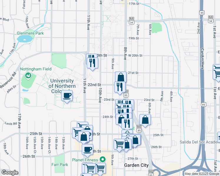 map of restaurants, bars, coffee shops, grocery stores, and more near 2205 9th Avenue in Greeley