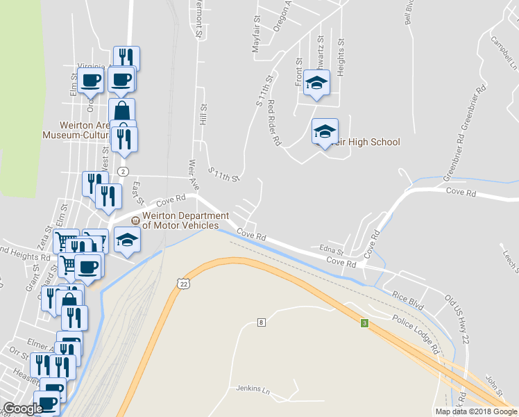 map of restaurants, bars, coffee shops, grocery stores, and more near 3320 Overbrook Drive in Weirton