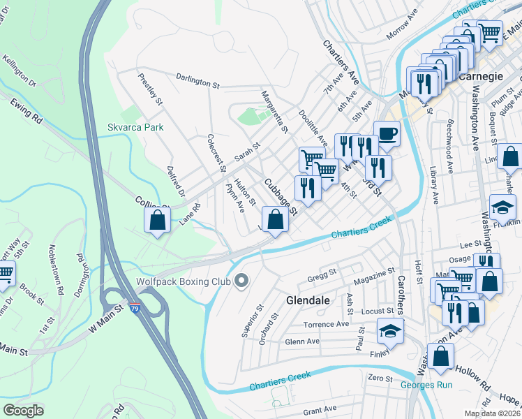 map of restaurants, bars, coffee shops, grocery stores, and more near 518 Hulton Street in Carnegie