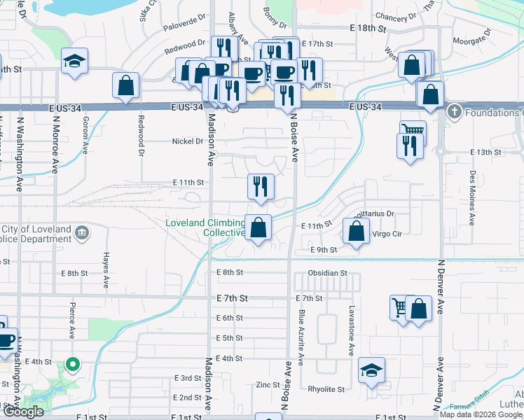 map of restaurants, bars, coffee shops, grocery stores, and more near 1510 East 11th Street in Loveland