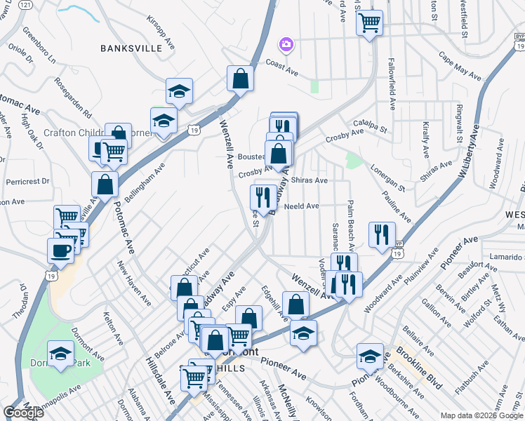 map of restaurants, bars, coffee shops, grocery stores, and more near 2300 Broadway Avenue in Pittsburgh