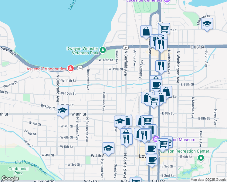 map of restaurants, bars, coffee shops, grocery stores, and more near 309 West 10th Street in Loveland