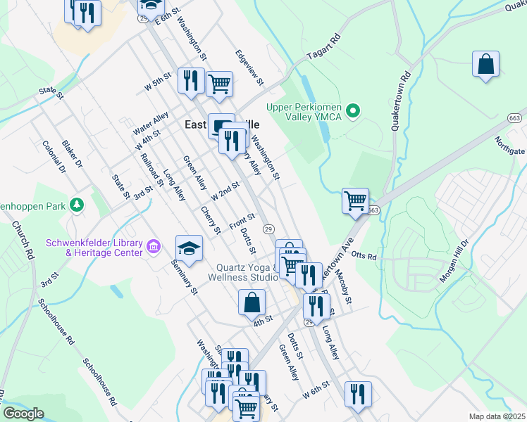 map of restaurants, bars, coffee shops, grocery stores, and more near 80 Main Street in Pennsburg