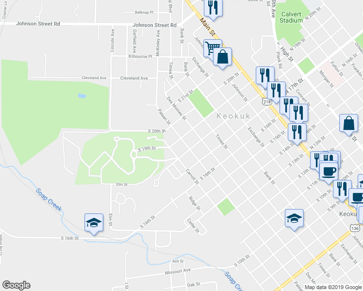 map of restaurants, bars, coffee shops, grocery stores, and more near 1816 Palean St in Keokuk