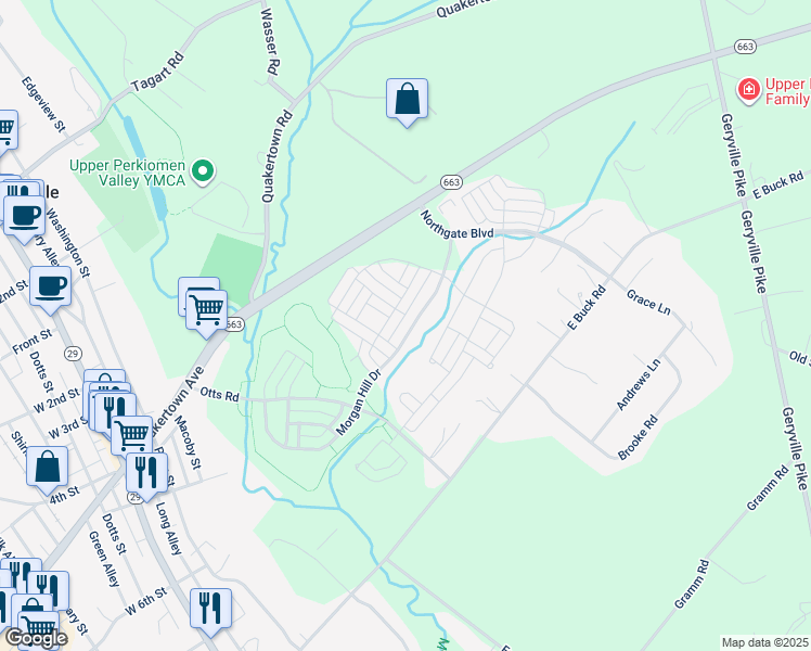 map of restaurants, bars, coffee shops, grocery stores, and more near 2116 Morgan Hill Drive in Pennsburg
