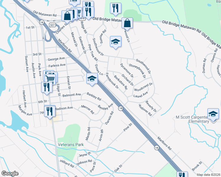 map of restaurants, bars, coffee shops, grocery stores, and more near 306 Marlboro Road in Old Bridge