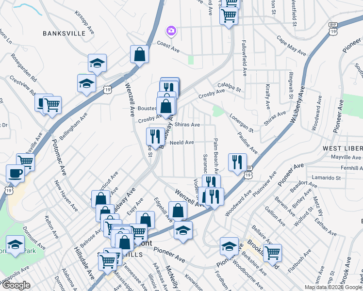 map of restaurants, bars, coffee shops, grocery stores, and more near 2302 Los Angeles Avenue in Pittsburgh