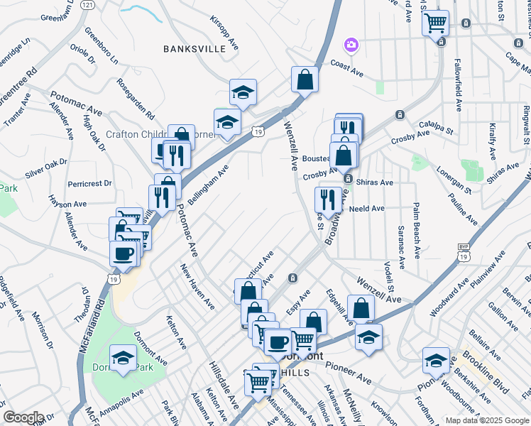 map of restaurants, bars, coffee shops, grocery stores, and more near 2610 Louisiana Avenue in Pittsburgh