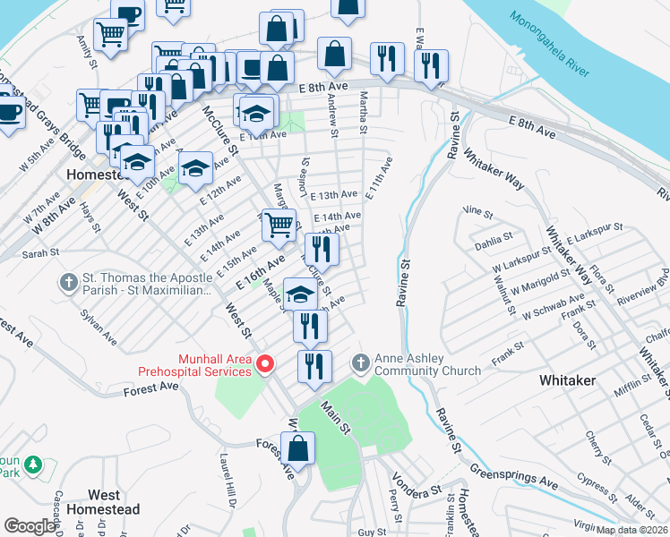 map of restaurants, bars, coffee shops, grocery stores, and more near 609 East 18th Avenue in Munhall