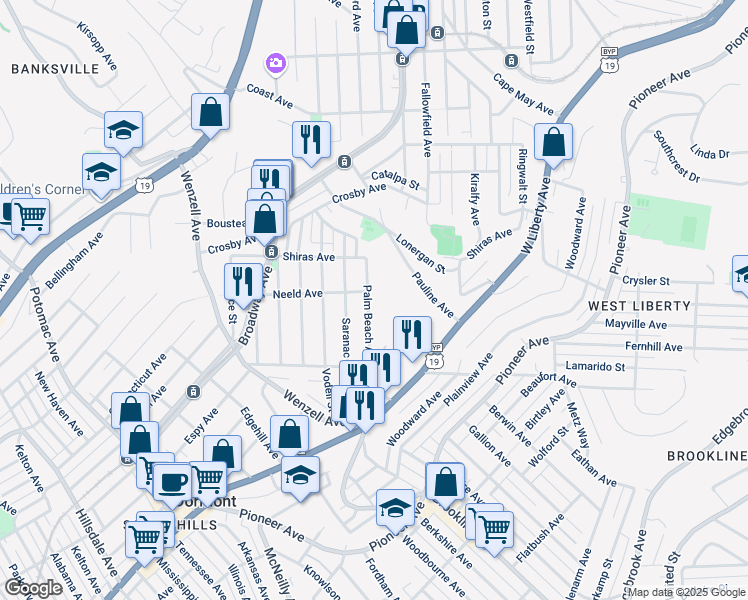 map of restaurants, bars, coffee shops, grocery stores, and more near 2305 Palm Beach Avenue in Pittsburgh