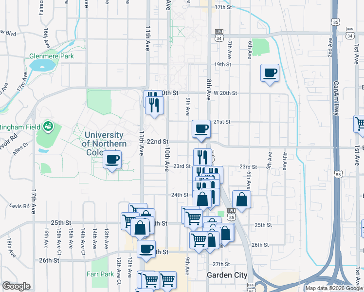 map of restaurants, bars, coffee shops, grocery stores, and more near 916 22nd Street in Greeley