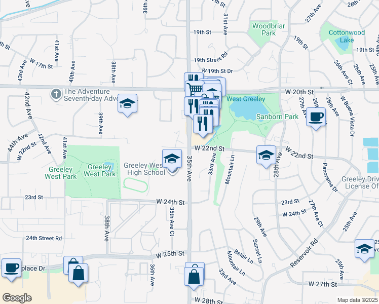 map of restaurants, bars, coffee shops, grocery stores, and more near 2211 34th Avenue in Greeley