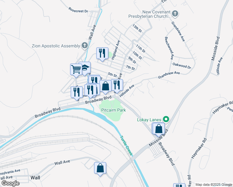 map of restaurants, bars, coffee shops, grocery stores, and more near 117 Mc Ginnis Avenue in Pitcairn