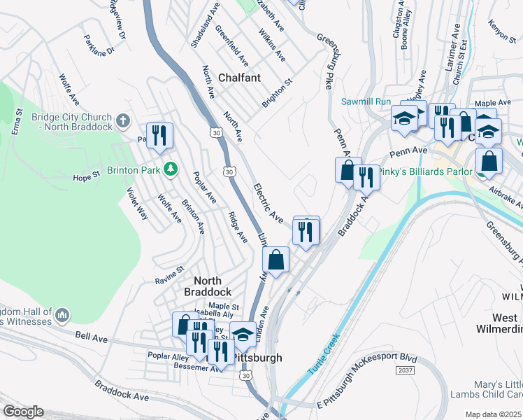 map of restaurants, bars, coffee shops, grocery stores, and more near 1584 Electric Avenue in East Pittsburgh