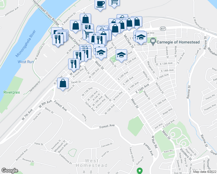 map of restaurants, bars, coffee shops, grocery stores, and more near 133 West 13th Avenue in Homestead