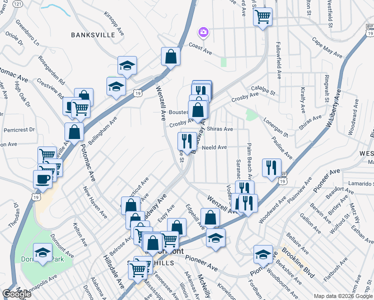 map of restaurants, bars, coffee shops, grocery stores, and more near 2300 Broadway Avenue in Pittsburgh