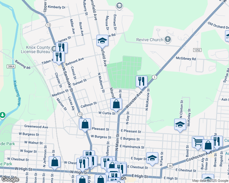 map of restaurants, bars, coffee shops, grocery stores, and more near 727 North Main Street in Mount Vernon