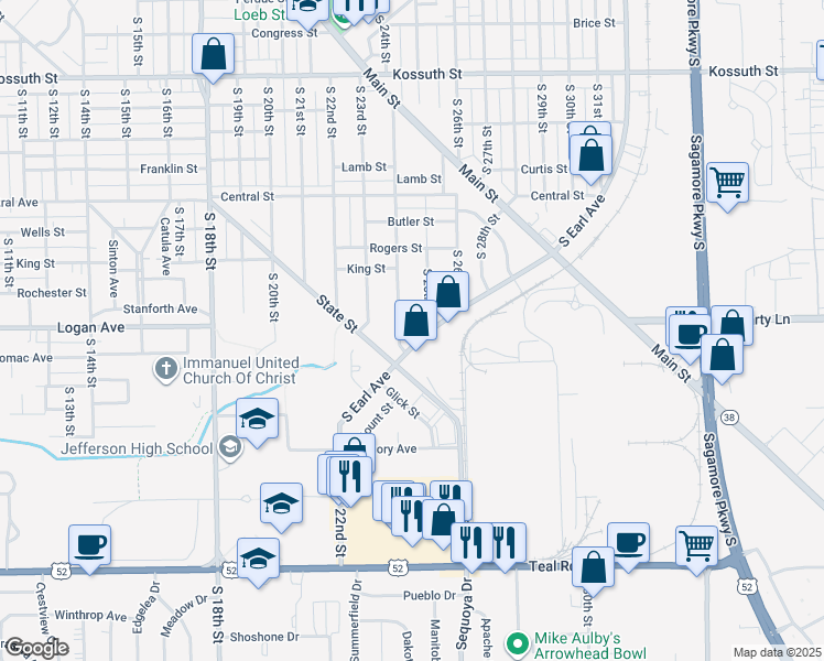 map of restaurants, bars, coffee shops, grocery stores, and more near 2450 South Earl Avenue in Lafayette