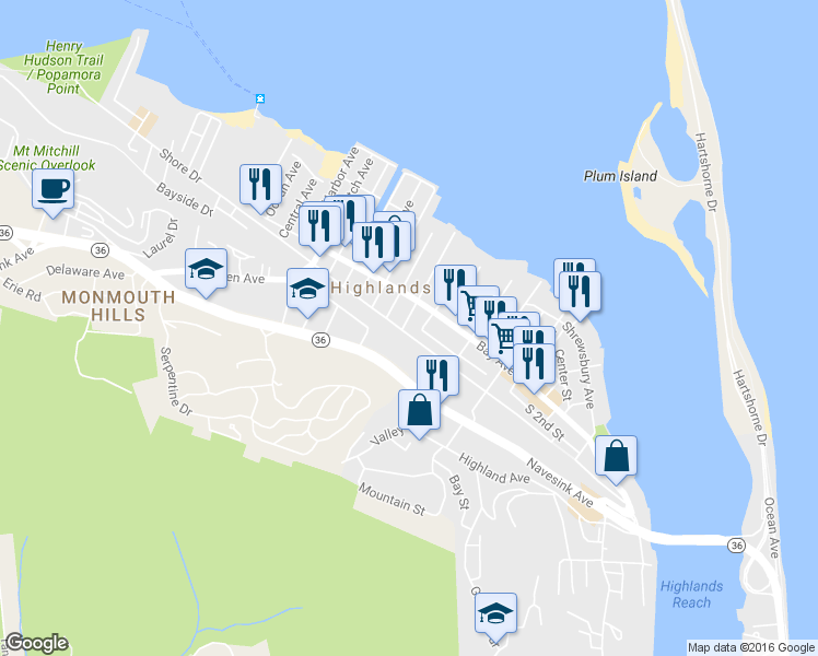map of restaurants, bars, coffee shops, grocery stores, and more near 51 Atlantic Street in Highlands
