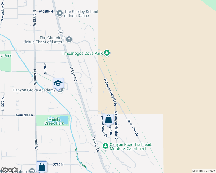 map of restaurants, bars, coffee shops, grocery stores, and more near North Canyon Heights Drive in Pleasant Grove
