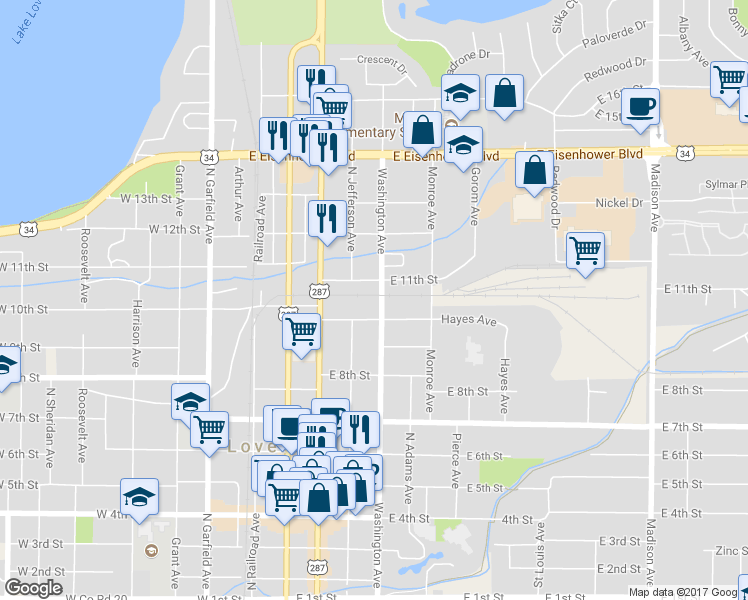 map of restaurants, bars, coffee shops, grocery stores, and more near 1023 North Washington Avenue in Loveland