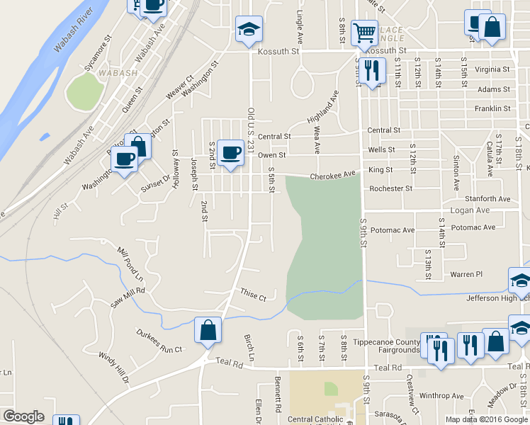 map of restaurants, bars, coffee shops, grocery stores, and more near 1422 S 5th St in Lafayette