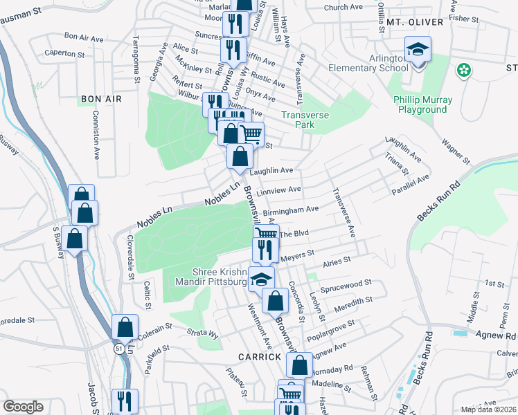 map of restaurants, bars, coffee shops, grocery stores, and more near in Pittsburgh