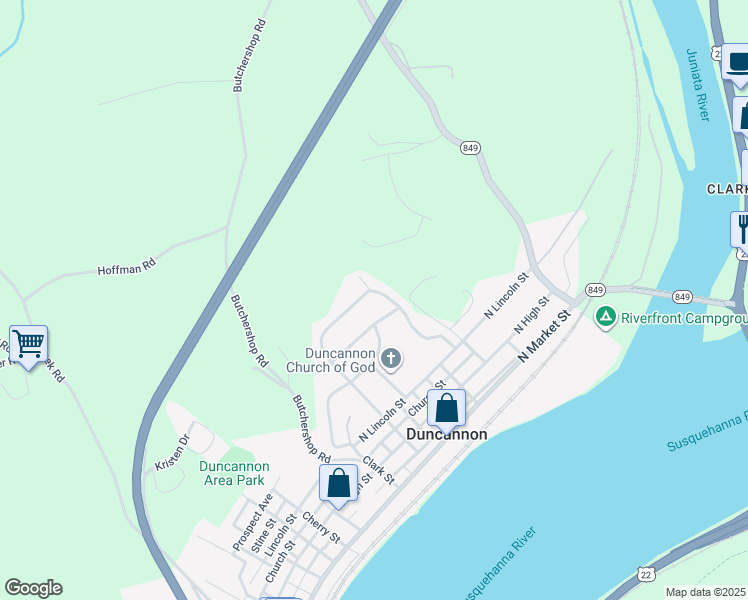 map of restaurants, bars, coffee shops, grocery stores, and more near 31 Eisenhower Blvd in Duncannon