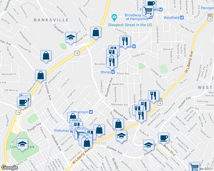 map of restaurants, bars, coffee shops, grocery stores, and more near 2300 Broadway Avenue in Pittsburgh