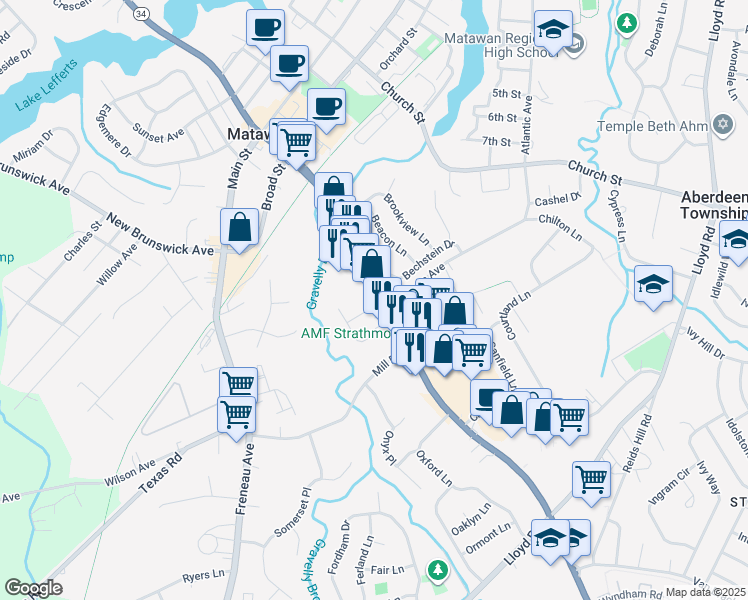 map of restaurants, bars, coffee shops, grocery stores, and more near 2 Macarthur Drive in Matawan