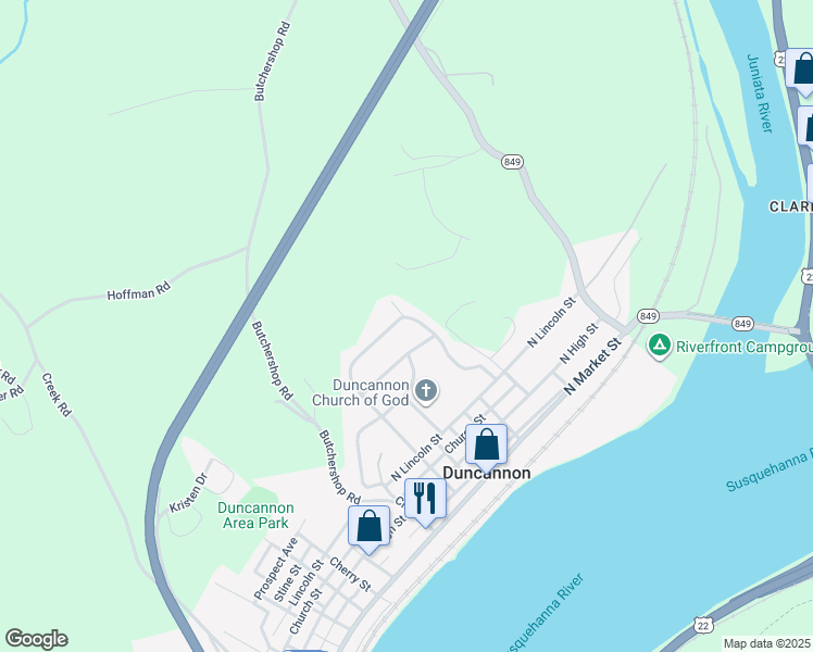 map of restaurants, bars, coffee shops, grocery stores, and more near 31 Eisenhower Boulevard in Duncannon