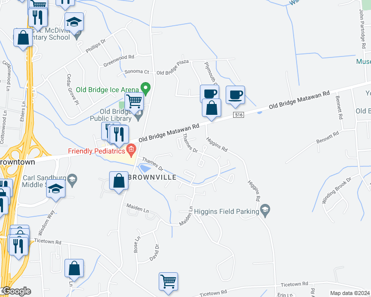map of restaurants, bars, coffee shops, grocery stores, and more near 361 Minstrel Court in Old Bridge