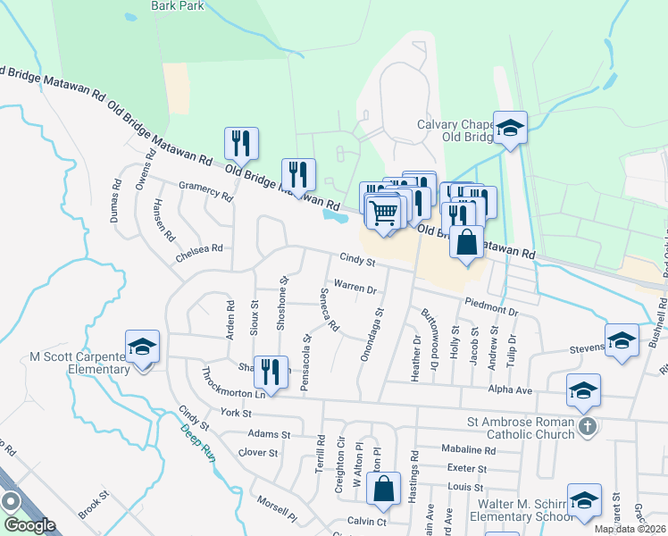 map of restaurants, bars, coffee shops, grocery stores, and more near 44 Seneca Road in Old Bridge