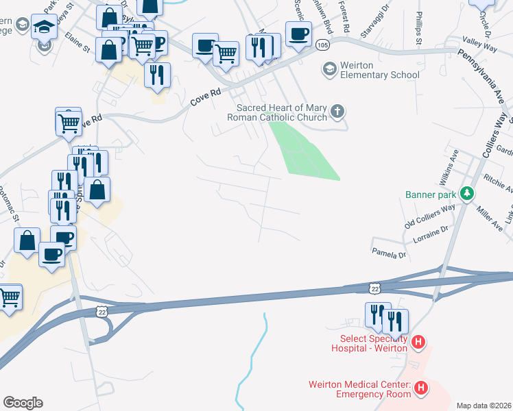 map of restaurants, bars, coffee shops, grocery stores, and more near 192 Nicholas Rd in Weirton