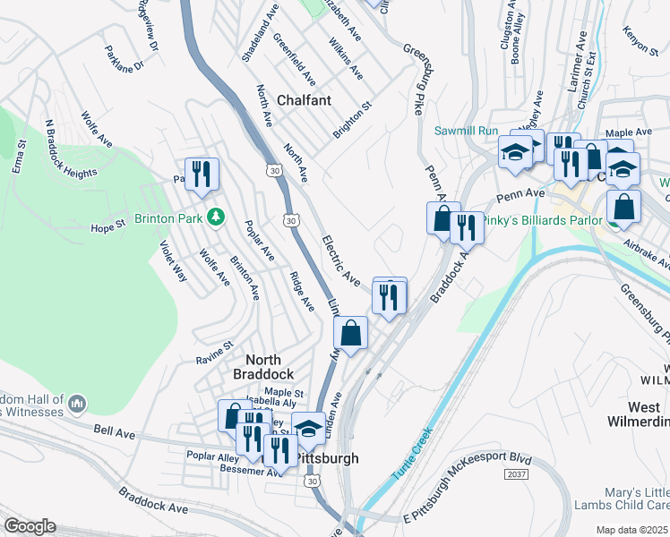 map of restaurants, bars, coffee shops, grocery stores, and more near 1584 Electric Avenue in East Pittsburgh