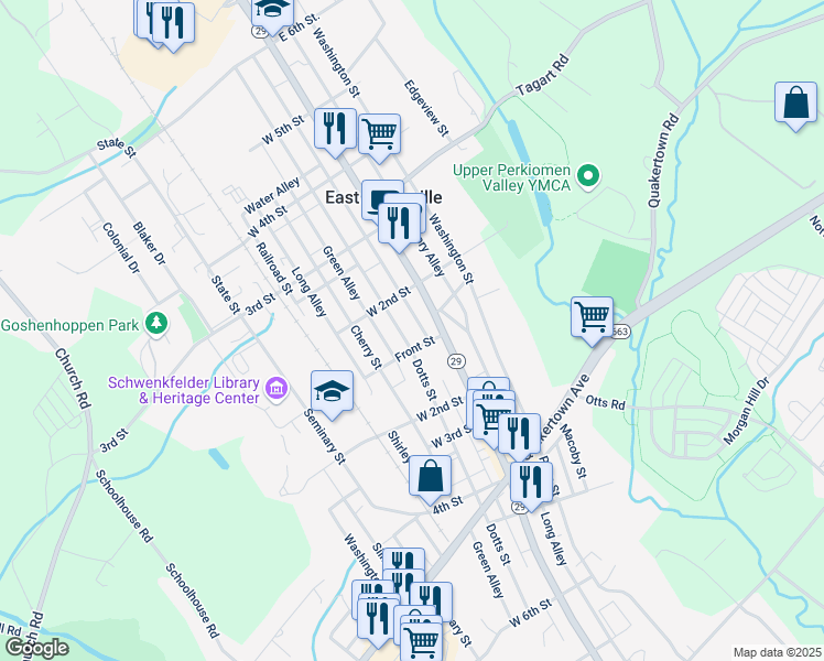 map of restaurants, bars, coffee shops, grocery stores, and more near 117 Jefferson Street in East Greenville
