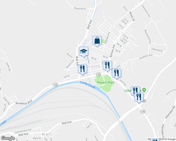 map of restaurants, bars, coffee shops, grocery stores, and more near 468 2nd Street in Pitcairn