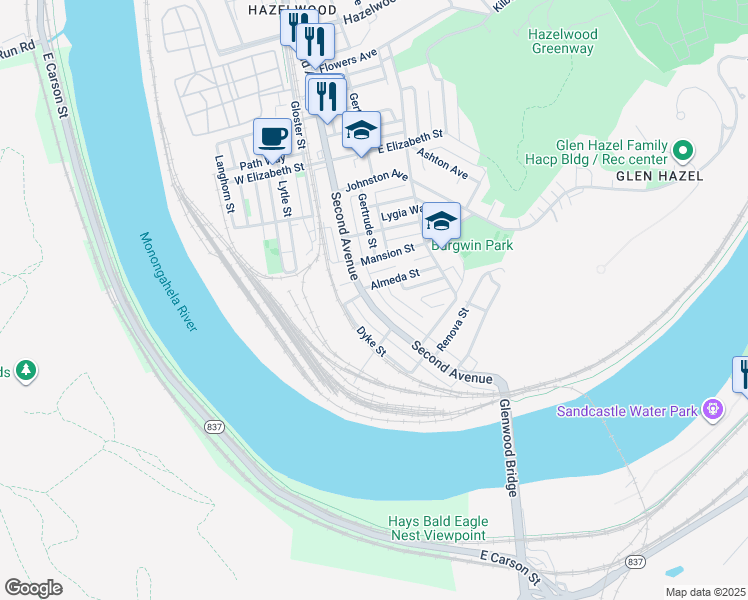 map of restaurants, bars, coffee shops, grocery stores, and more near 5423 Second Avenue in Pittsburgh