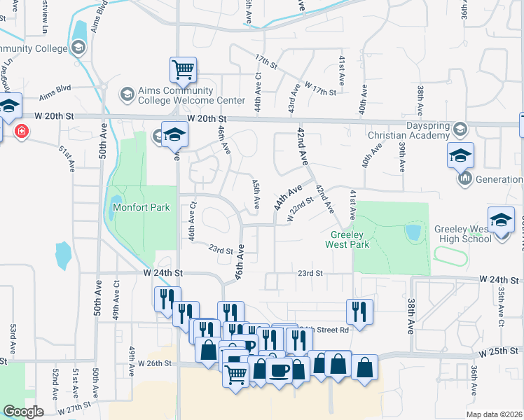 map of restaurants, bars, coffee shops, grocery stores, and more near 2152 45th Avenue in Greeley