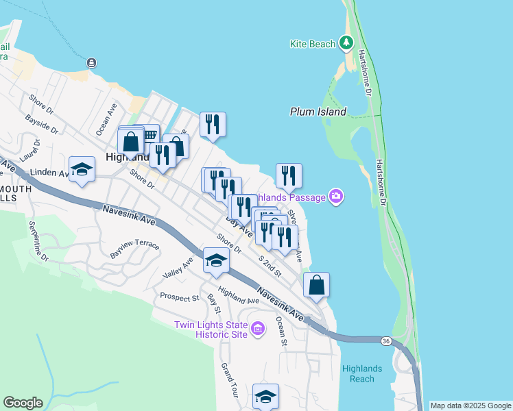 map of restaurants, bars, coffee shops, grocery stores, and more near 7 5th Street in Highlands