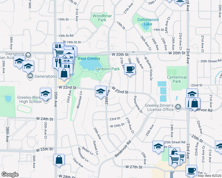 map of restaurants, bars, coffee shops, grocery stores, and more near 2736 West 22nd Street in Greeley