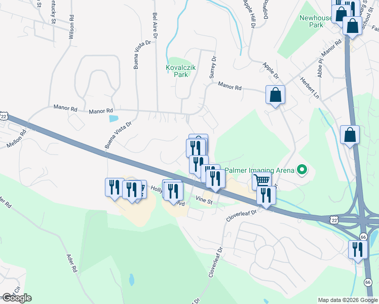 map of restaurants, bars, coffee shops, grocery stores, and more near 1040 Manor Vue Court in Delmont
