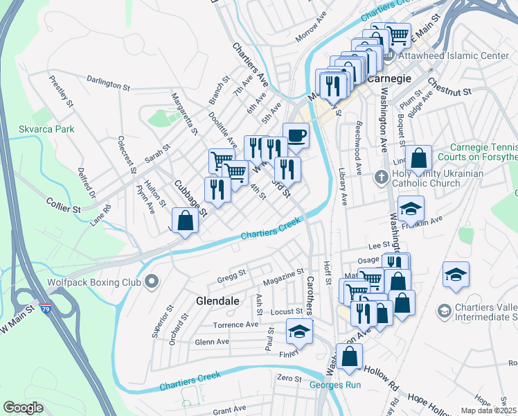 map of restaurants, bars, coffee shops, grocery stores, and more near 406 2nd Avenue in Carnegie