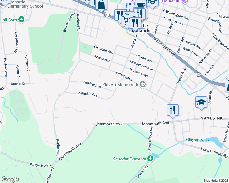 map of restaurants, bars, coffee shops, grocery stores, and more near Far View Avenue & Serpentine Drive in Atlantic Highlands