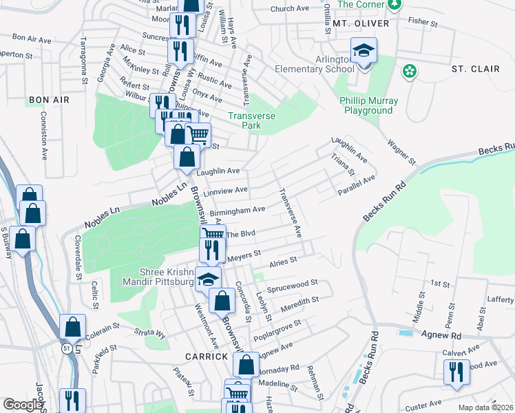 map of restaurants, bars, coffee shops, grocery stores, and more near 209 Birmingham Avenue in Pittsburgh
