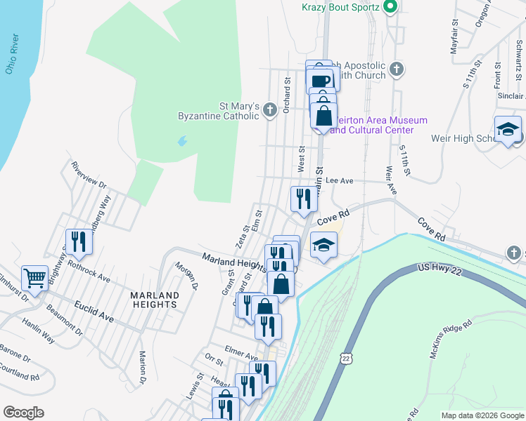 map of restaurants, bars, coffee shops, grocery stores, and more near 3412 Elm Street in Weirton