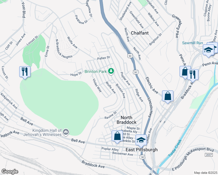 map of restaurants, bars, coffee shops, grocery stores, and more near 1518 Wolfe Avenue in Braddock